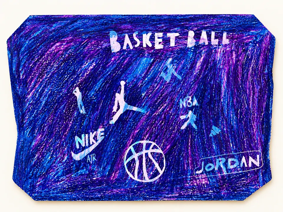 Eklenam's artwork filled with purple and blue strokes, with the word Basketball, white player silhouettes, a basketball and the names of basketball brands.