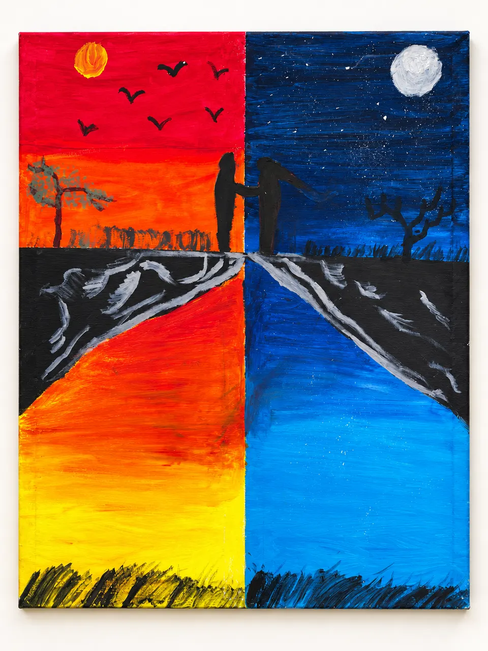 A colourful painting by Eklenam showing a fiery sunset on one side and a blue, starry night on the other, with two silhouettes meeting along a winding path.