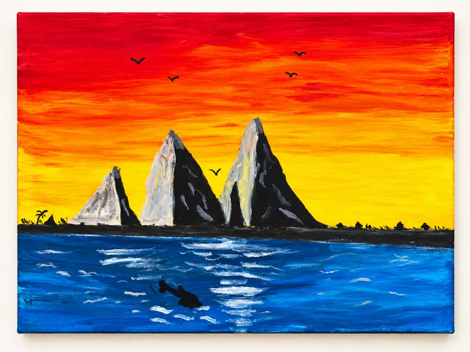 A painting by Eklenam of three tall black-and-white mountain peaks between a red, orange and yellow sunset sky with birds and a bright blue sea with a fish swimming.