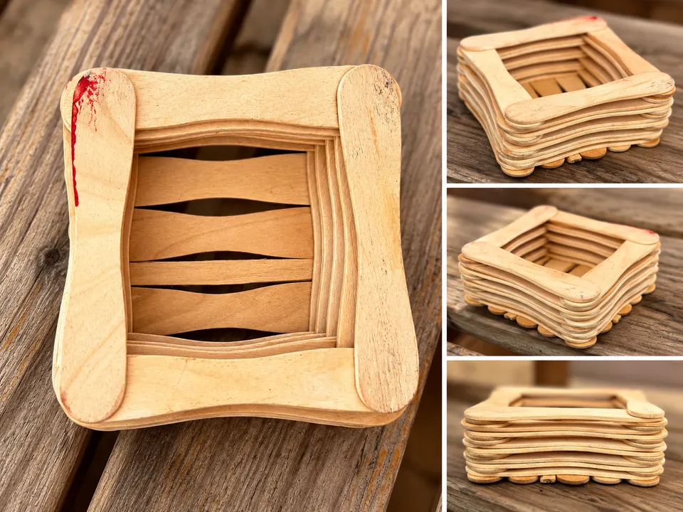 Four photos of a square box made from layered wooden popsicle sticks, shown from above and from the side on a wooden bench.