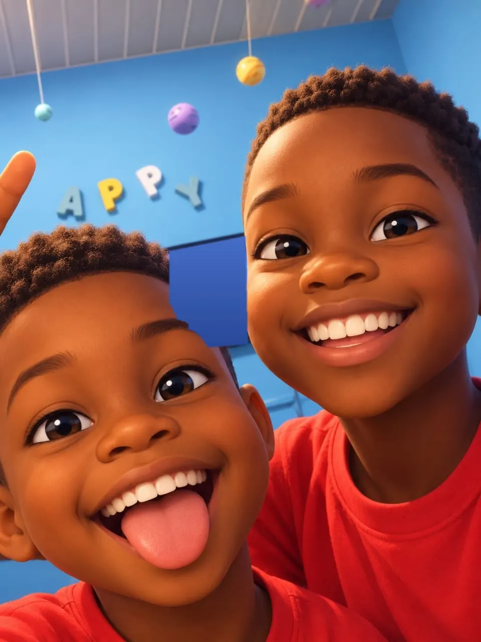 Eklenam and Kekeli grinning at the camera in matching red T-shirts, one sticking his tongue out